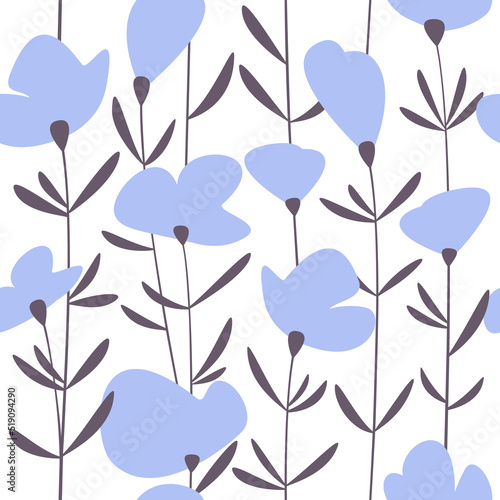 Blue flower with leaves seamless pattern. Abstract floral vector illustration. Summer holiday backdrop. Wallpaper, background, fabric, textile, print, wrapping paper or package design.