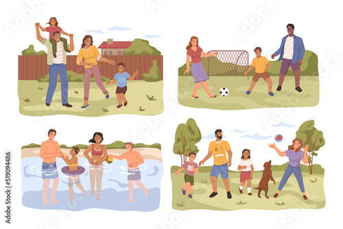 Happy family mother, father and children spend time together on summer holidays. Vector flat cartoon parents and kids play football, swim in river, walk with dog