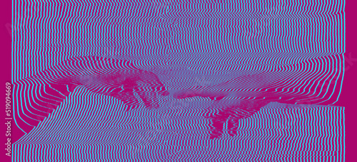 Pink and blue oscilloscope illustration of hands reaching for a touch in continuous white line pattern in the style of old CRT TVs on turquoise background in vaporwave style.