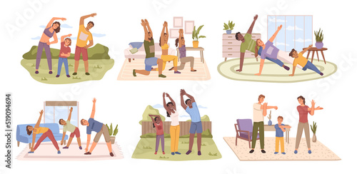 Parents and children developing body physically, isolated dad and mom with kids doing exercises. Working out man and woman with daughter and son. Flat cartoon, vector in flat style
