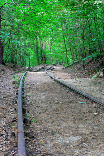 Damaged railroad tracks in the middle of the forest in Poland