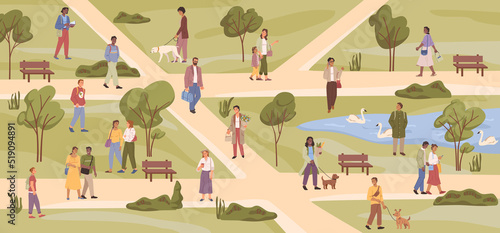 People walk in park, man and woman walking on nature and spend leisure time. Vector urban park with happy adults, guy with dog, pond with swimming swans