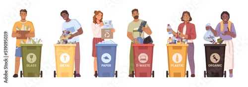 Men and women throw out trash in plastic color dumpsters isolated set of flat cartoon characters. Vector people sorting garbage, eco containers, separate waste for taking care of environment