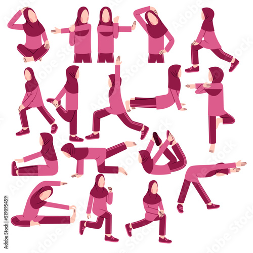 Set of Muslim Woman Character Doing Stretching