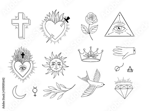 Linear alchemy design elements. Vintage hearts, all seeing eye, cross, rose, space and botanical elements. Magic and occult illustrations. Old school tattoo. Perfect for logo, cards, prints, packaging