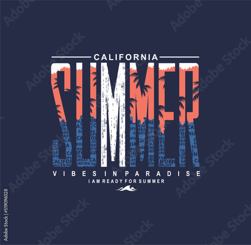 Summer Paradise California retro slogan with waves and and sun vector illustrations, For t-shirt prints and other uses.