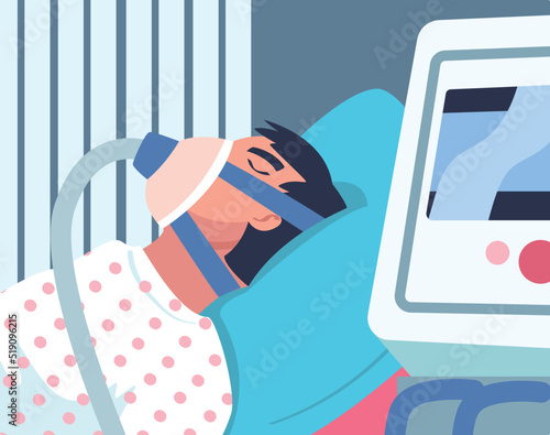 Man Patient in Hospital Having Artificial Lung Ventilation Being in Critical Condition Lying on Bed with Mask Vector Illustration