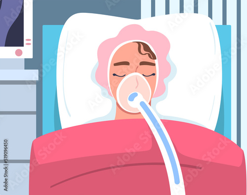 Young Woman Patient in Hospital Lying on Bed with Mask Having Artificial Lung Ventilation Being in Critical Condition Vector Illustration