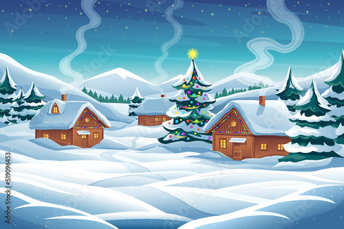 Winter Christmas landscape vector background with snow covered hills, houses, fir forest. Xmas and New Year holidays illustration. Decorated christmas tree and country cottage, smoke from chimney