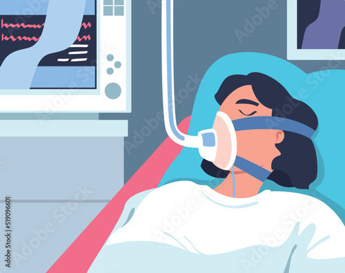 Young Woman Patient in Hospital Lying on Bed with Mask Having Artificial Lung Ventilation Being in Critical Condition Vector Illustration