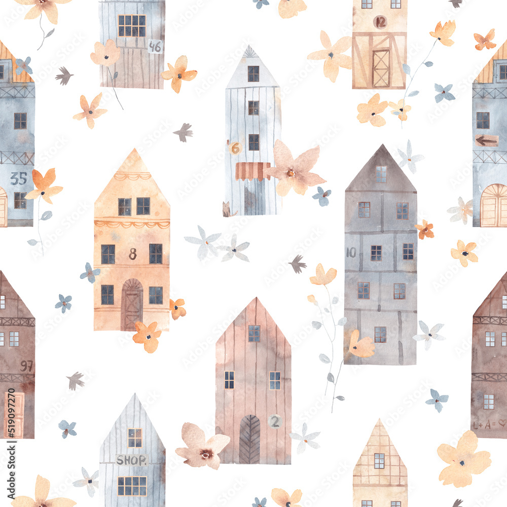 Cute seamless pattern with different wild flowers and cute little houses. Watercolor background for fabric, textile, nursery wallpaper. Meadow with wild flowers. Vintage background.