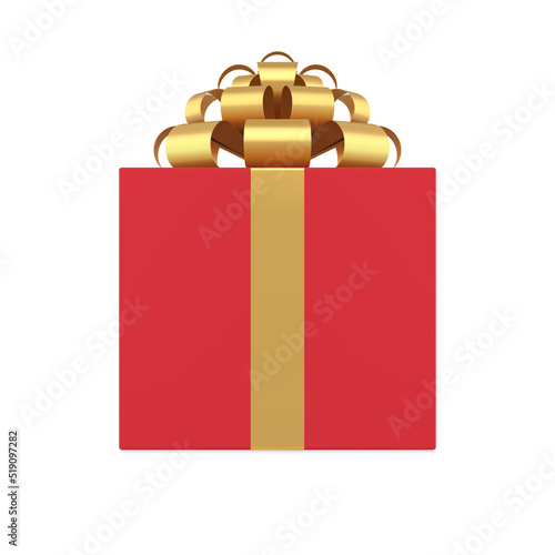 Romantic red squared gift box with golden bow ribbon Christmas holiday congrats 3d icon vector