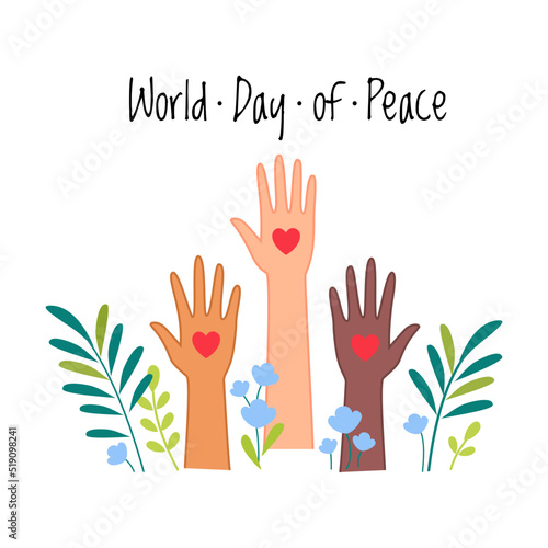 Peace with Human Hands Among Foliage with Red Heart on Palm as Symbol of Friendship and Harmony Vector Illustration