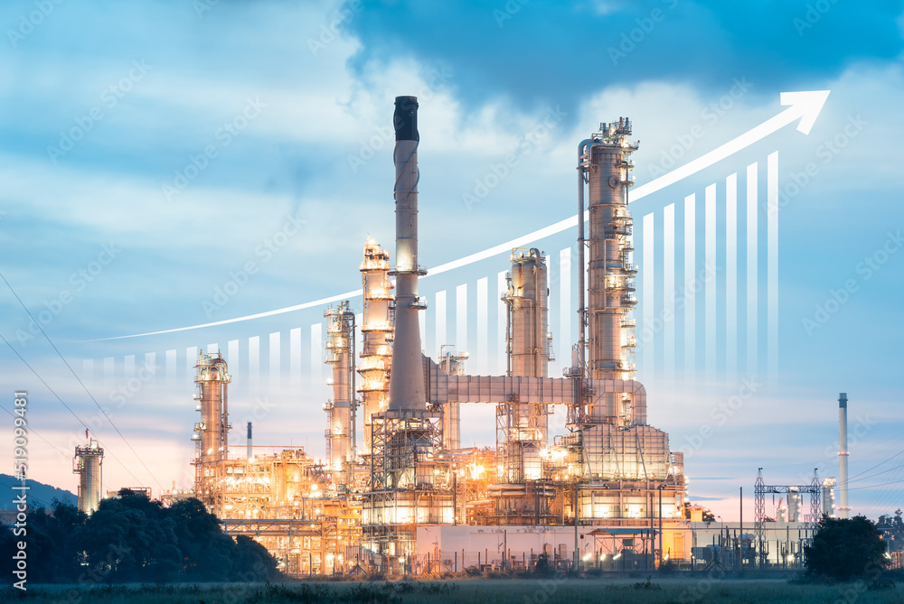 Oil gas refinery or petrochemical plant. Include arrow, graph or bar chart. Increase trend or growth of production, market price, demand, supply. Concept of business, industry, fuel, power energy.
