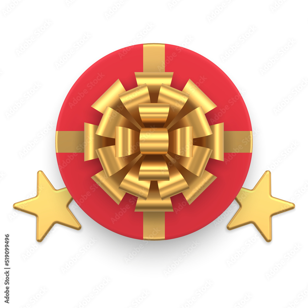 Premium red circle gift box with golden ribbon bow glossy stars top view realistic 3d icon vector Premium red circle gift box with golden ribbon bow glossy stars top view realistic 3d icon vector