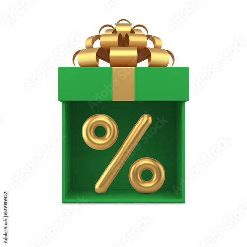 Christmas sale premium green open gift box percentage discount top view realistic 3d icon vector photo