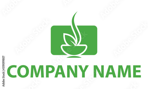 Green Color Mug Coffee Leaf Nature Eco Logo Design