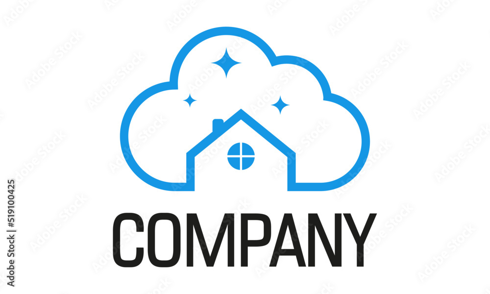 Blue House Building with Cloud Line Art Logo Design Concept Blue House Building with Cloud Line Art Logo Design Concept