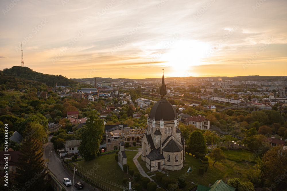 Aerial view on Church of the Ascension of the Lord in Lviv from drone