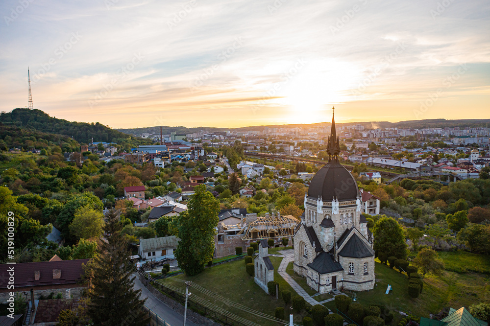Aerial view on Church of the Ascension of the Lord in Lviv from drone