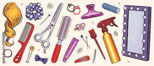 Sketches hairdressing salon objects set. Vector illustration of hairbrush, mirror, scissors and hair accessories