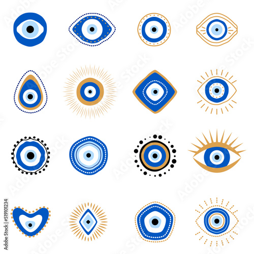 Greek evil eye vector symbol of protection. Amulet icon. Turkish Nazar Boncugu amulet illustration. Believed that it protects against evil eye. Super collection. Set of blue Turkish eyes photo