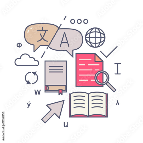 Translation signs, symbols, icons. International Translation Day background. Chat bubbles with language translation. Multilingual online translator. Translation app icon. Online translator