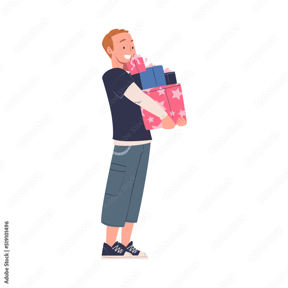 Happy Man Character Carrying Pile of Gift Box for Holiday Congratulation Vector Illustration Happy Man Character Carrying Pile of Gift Box for Holiday Congratulation Vector Illustration