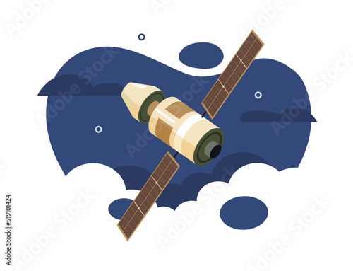 Satellite space station modern vector icon or spaceship spacecraft flight flat with solar panel in cosmos orbit cartoon illustration graphic design, science technology galaxy ship image
