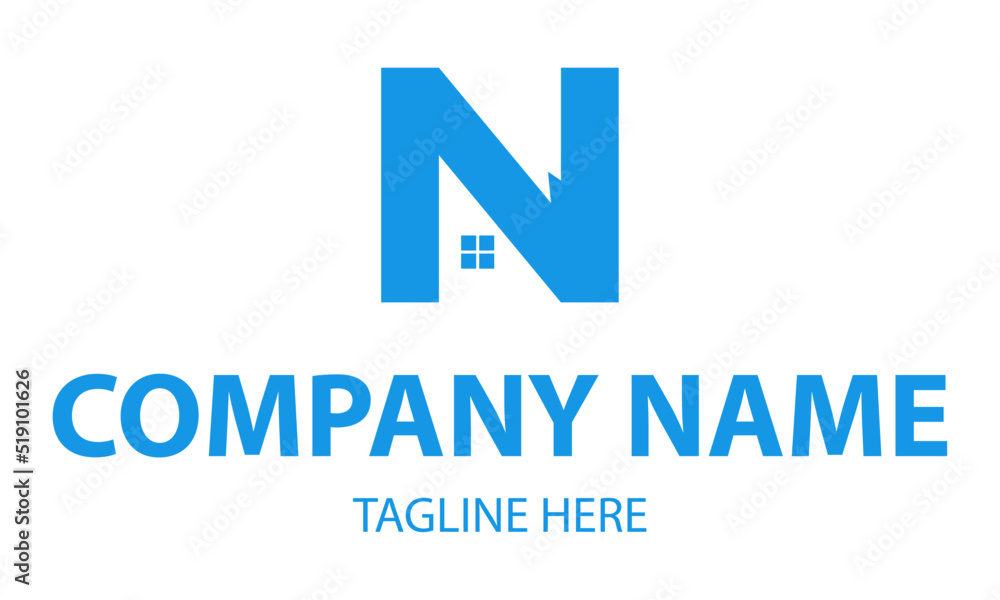 Blue House Building Line Art Letter N Logo Design Blue House Building Line Art Letter N Logo Design