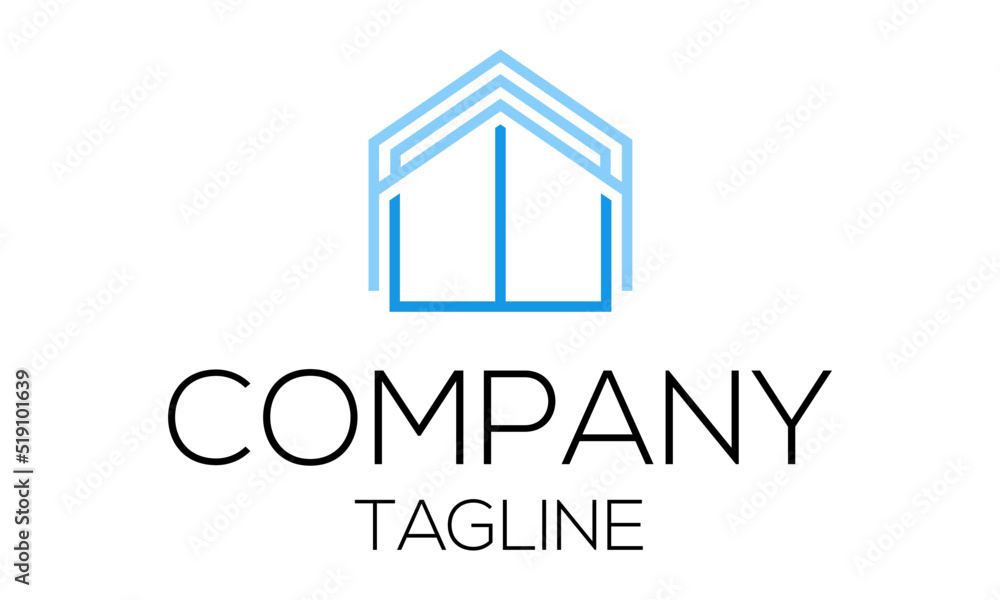 Blue House Building Line Art Logo Design Concept