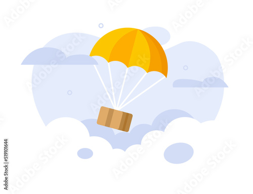 Delivery shipping via parachute as air mail drop icon vector flat, package box parcel flying in sky distribution simple modern cartoon design graphic on white background, airdrop express shipment