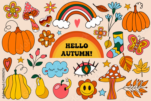 Retro 70s autumn vibe, hippie stickers, psychedelic groovy elements. Cartoon funky autumn leaves, mushrooms, pumpkins, harvest vintage hippy style element. vector illustration.