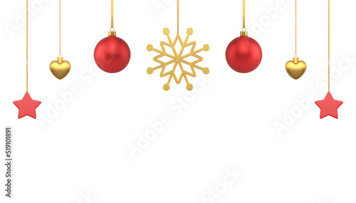 Premium Christmas banner hanged festive toys balls stars and snowflake realistic 3d icon vector