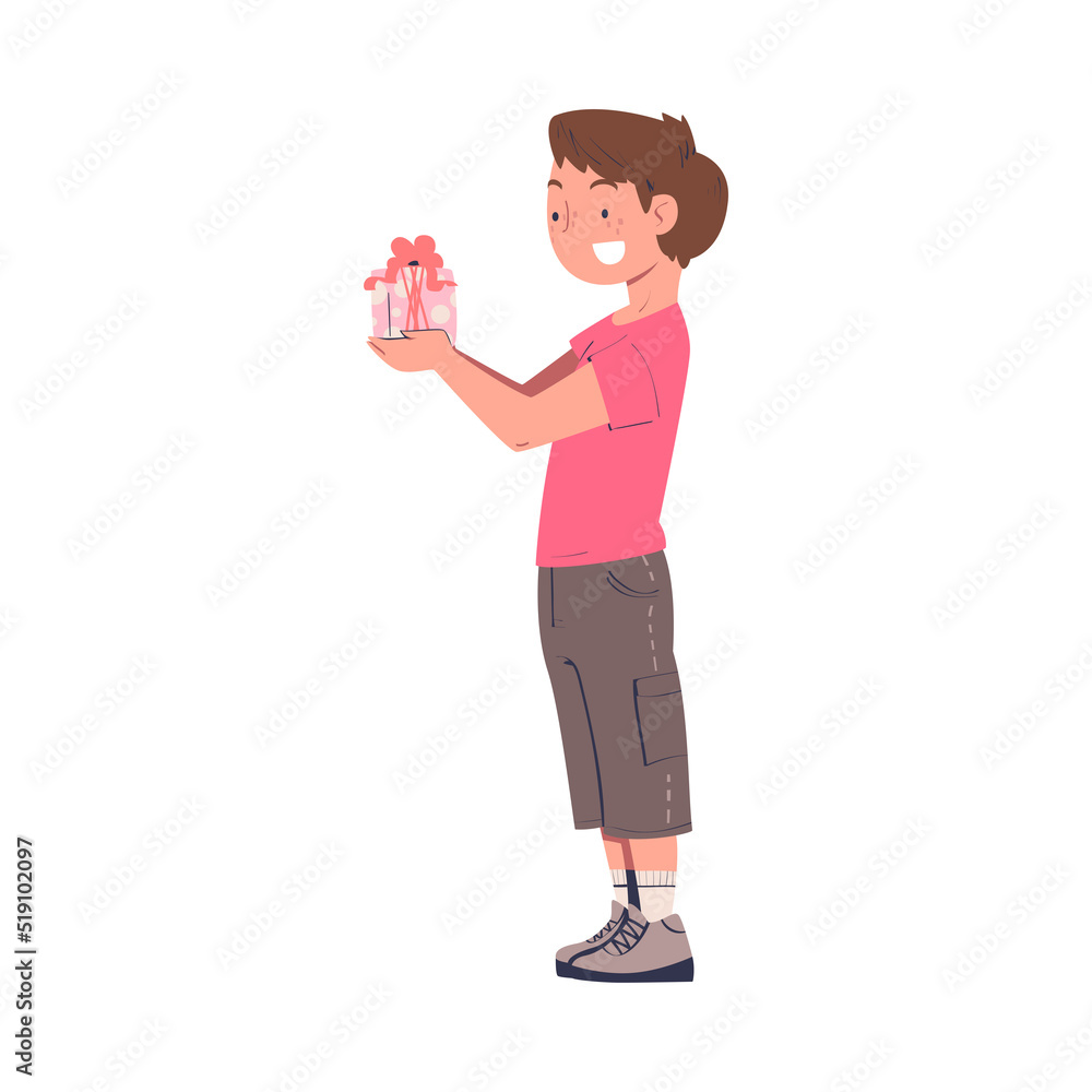 Happy Teen Boy Character Holding Gift Box for Holiday Congratulation Vector Illustration