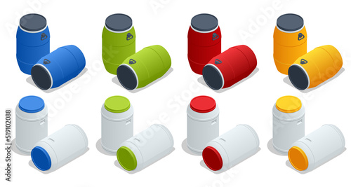Isometric plastic barrel, container isolated on white background. Plastic storage drums