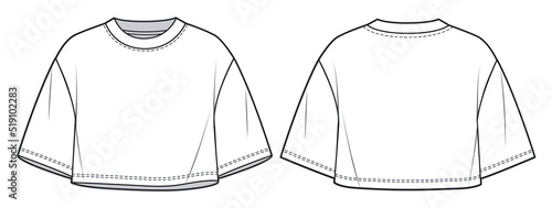 Overfit Cropped Tee shirt fashion flat tehnical drawing template. Unisex Crop T-Shirt fashion CAD mockup, front, back view, white color.