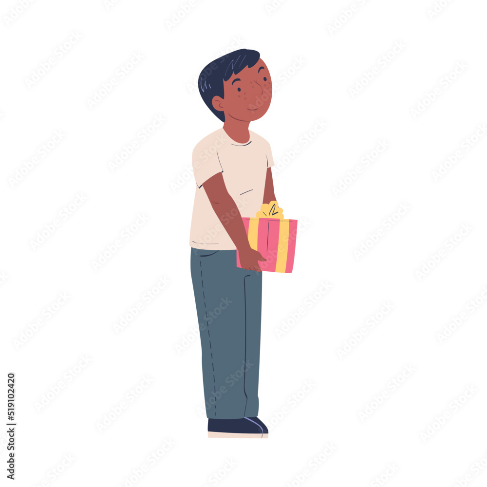 Happy Teen Boy Character Holding Gift Box for Holiday Congratulation Vector Illustration