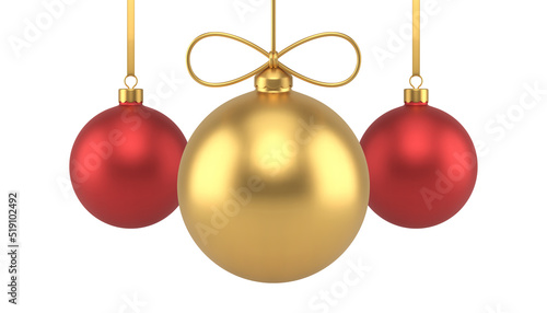 Hanged bow premium Christmas red golden metallic ball toy December holiday decor 3d icon vector