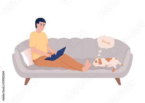 Man sitting on couch with laptop semi flat color vector character. Editable figure. Full body person on white. Online work simple cartoon style illustration for web graphic design and animation