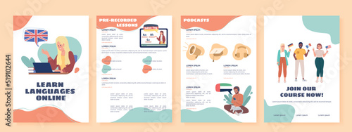Learn languages online flat vector brochure template. Booklet, leaflet printable flat color design. Editable magazine page, reports kit with text space. Sigmar One, Balsamiq Sans, Comfortaa fonts used