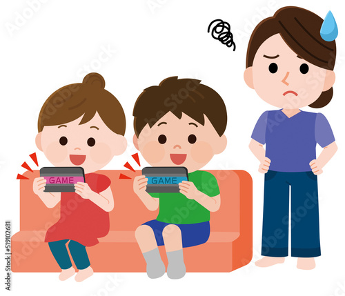 テレビゲームをやりすぎる子供たちに困り顔の母親　イラスト