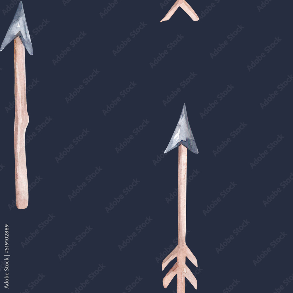 Seamless pattern of colored feathers and romantic arrows painted with watercolors on a white background Seamless pattern of colored feathers and romantic arrows painted with watercolors on a white background