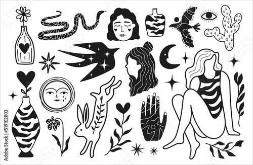 Vector isolated clip art tattoo bundle, trendy aesthetics objects Mystical snake, women, plants, animals, flowers and vases. Sticker pack set, black white apparel print design collection with stars