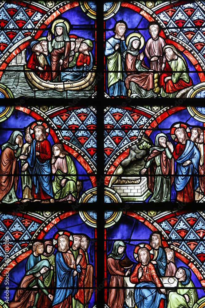 Stained glass in Notre Dame de Coutances cathedral : Jesus and Sainte Marthe (Martha)