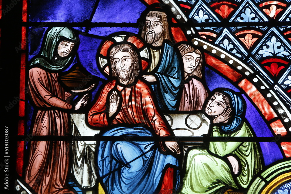 Stained glass in Notre Dame de Coutances cathedral : Jesus with Martha and Mary