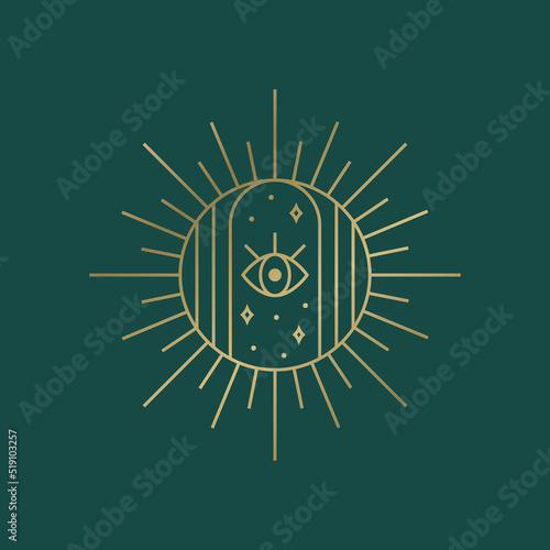 Spiritual boho logo. Sun emblem with stars and eye. Vector design element for magic, esoteric, celestial, astrology, and other themes. Golden line illustration.