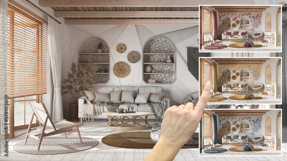 Architect designer concept, hand showing boho living room, parquet and ...