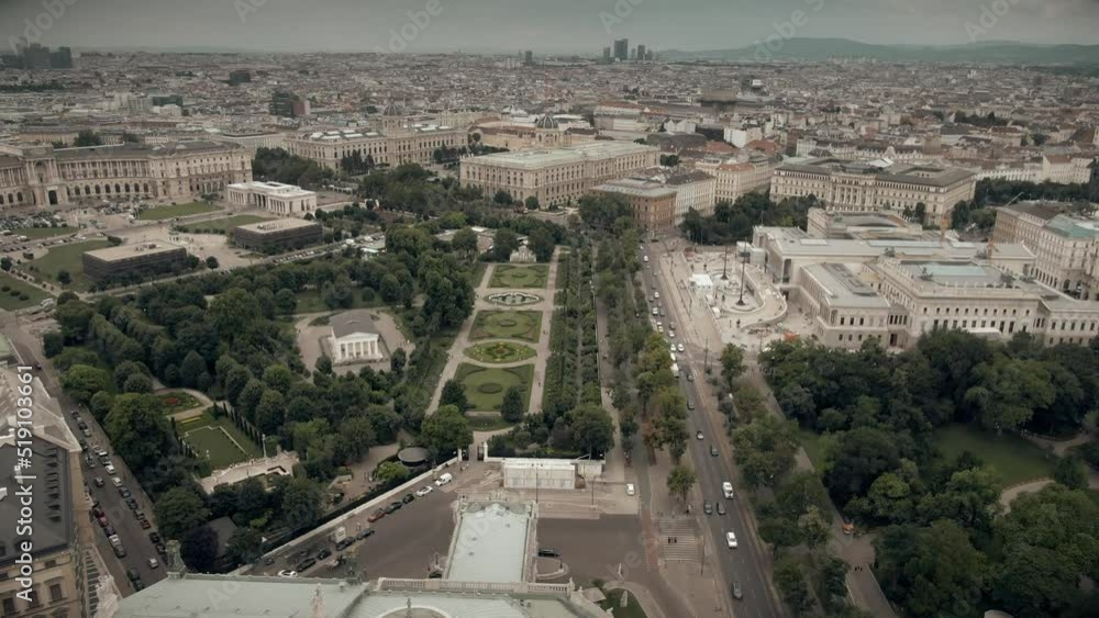 Beautiful aerial view of the Parliament building and the Volksgarten royal garden with classic Theseus Temple in the centre of Vienna, Austria Beautiful aerial view of the Parliament building and the Volksgarten royal garden with classic Theseus Temple in the centre of Vienna, Austria