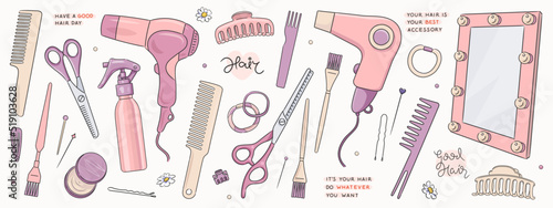 Sketches hairdressing salon objects set. Vector illustration of hairbrush, hairdryer, mirror, scissors and hair accessories